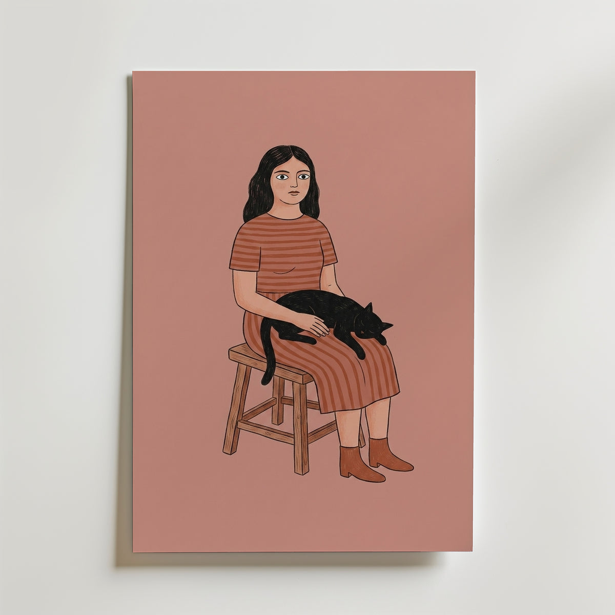 Girl and Cat Poster – naiv folkkonst med kvinna och svart katt, tryckt i Sverige