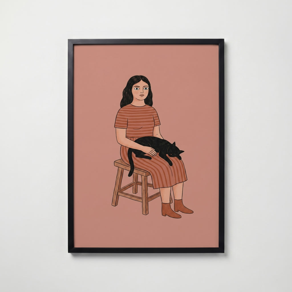 Girl and Cat Poster i svart ram – leverans 1–3 dagar