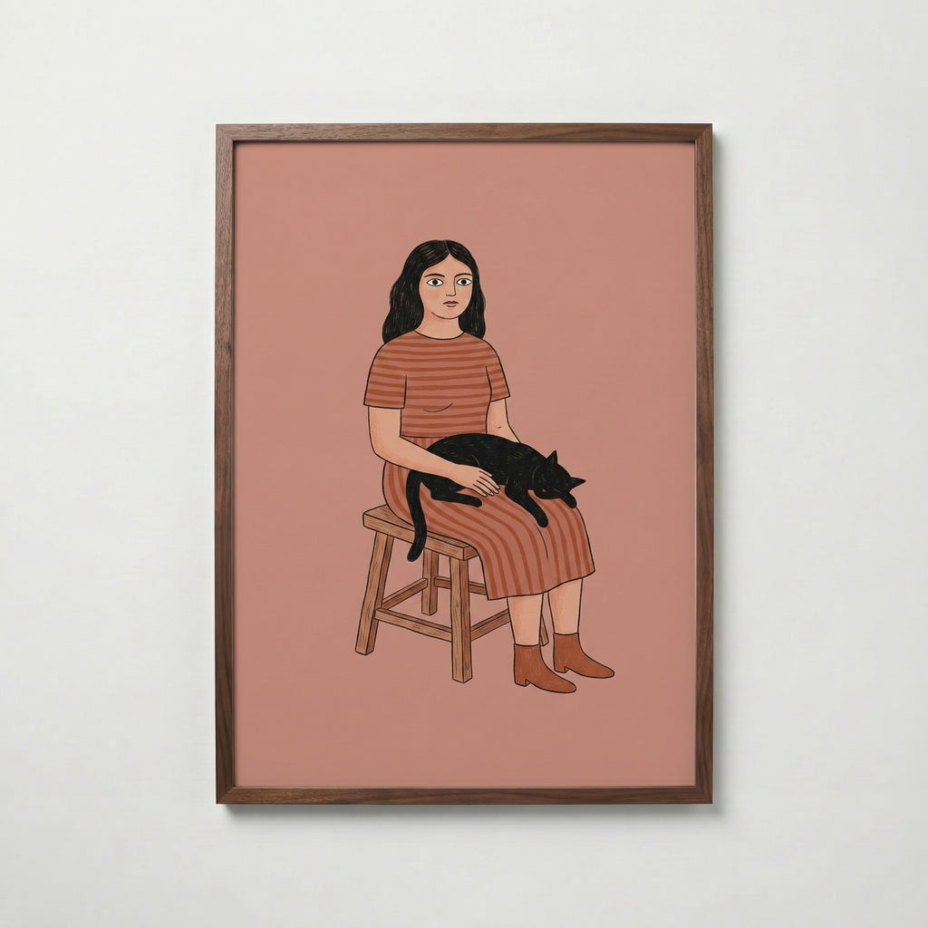Girl and Cat Poster i valnötsram – Bozetto poster art