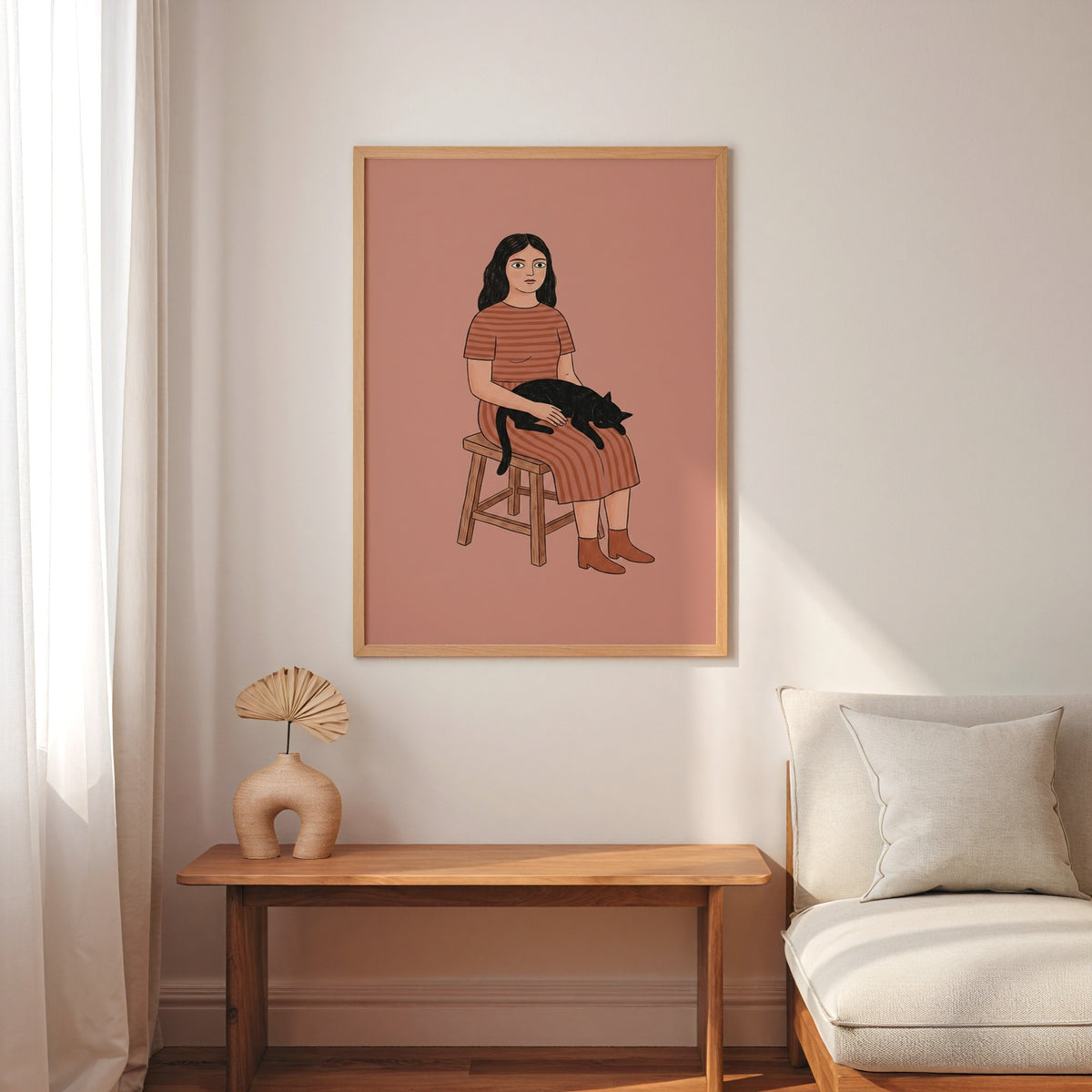 Girl and Cat Poster i vit ram – terrakottabakgrund och randigt plagg