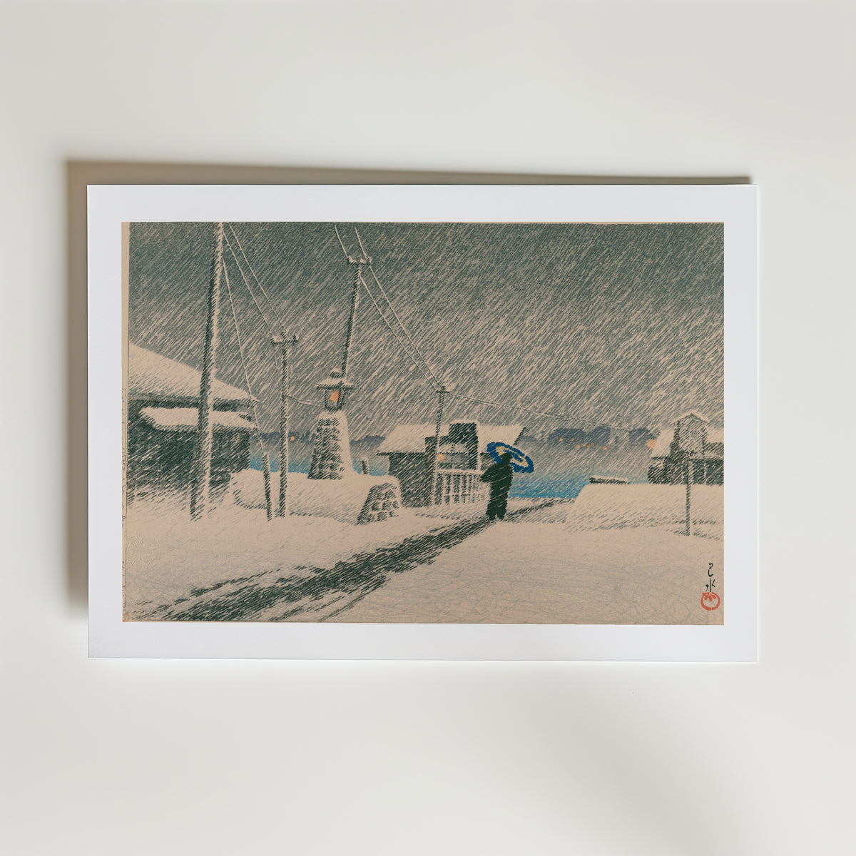 Hasui Kawase Snow at Tsukishima 1930 Poster – med passepartout
