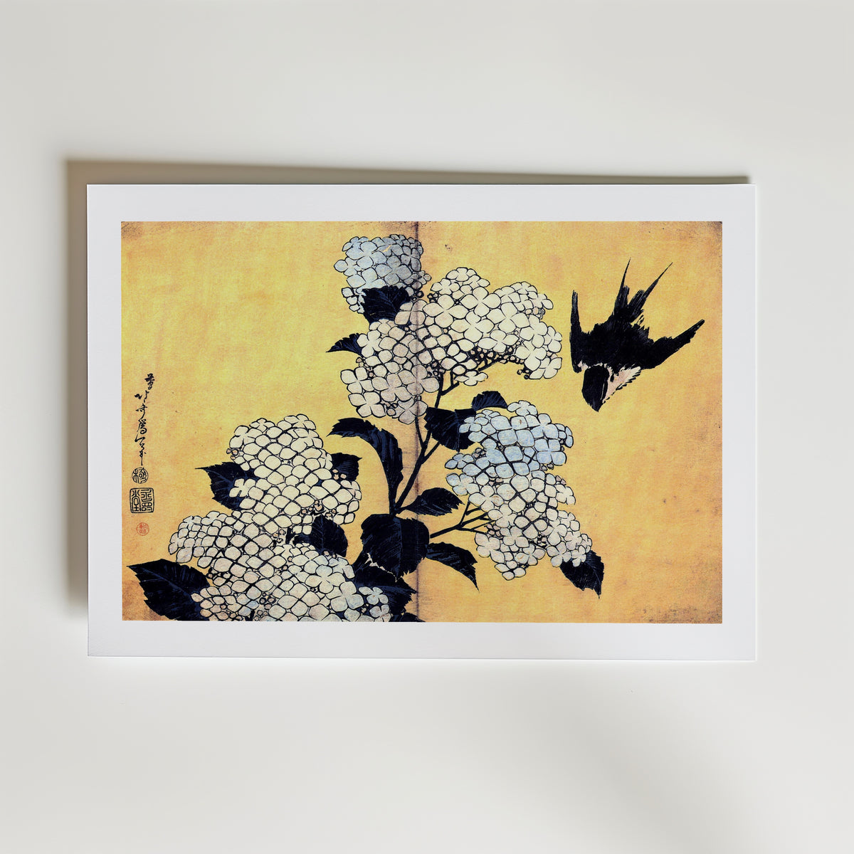 Katsushika Hokusai Hydrangea and Swallow 1834 Poster – med passepartout