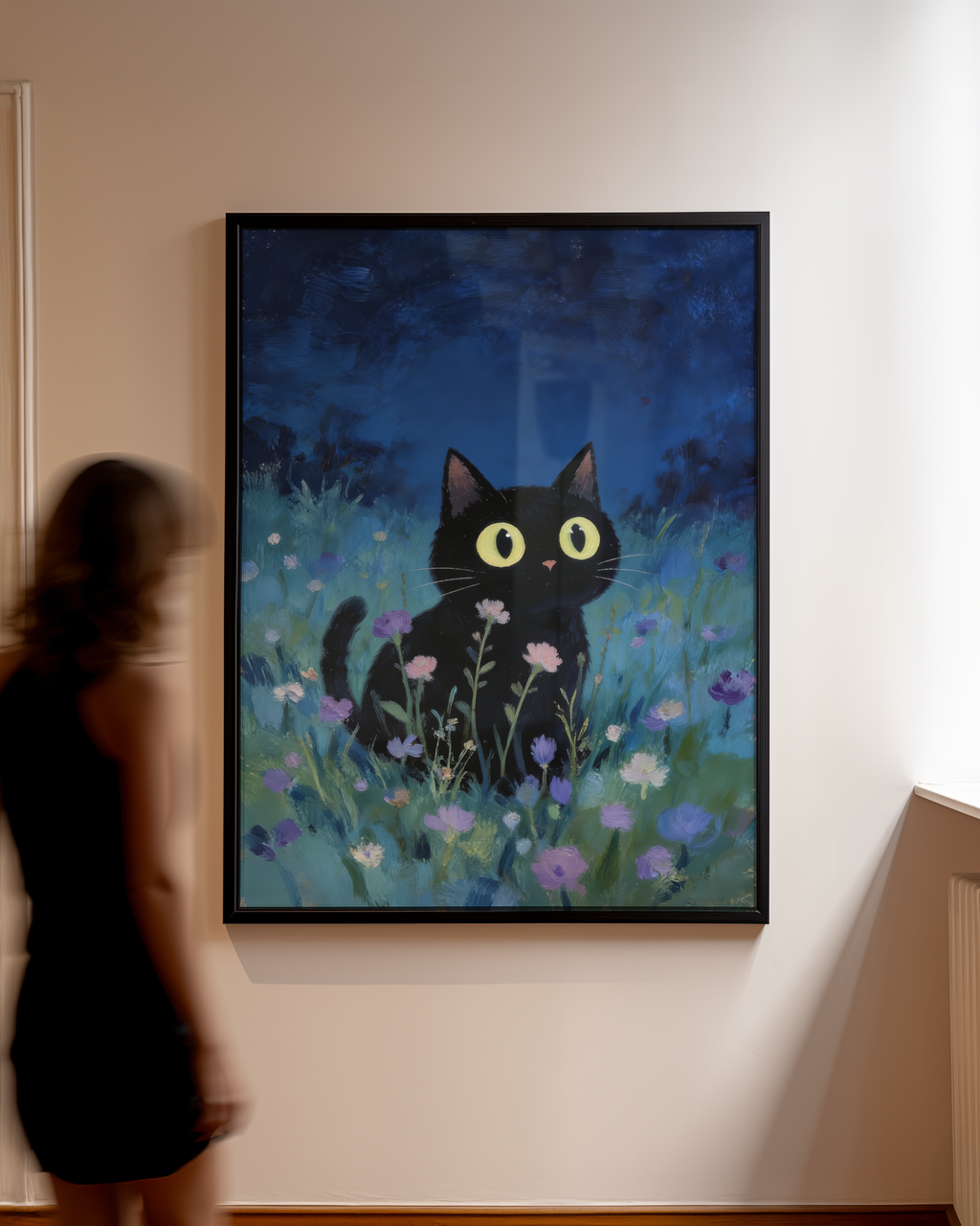 Väggmockup av Blue Hour Cat affisch på ljus tegelvägg – Bozetto konsttryck i hög tryckkvalitet