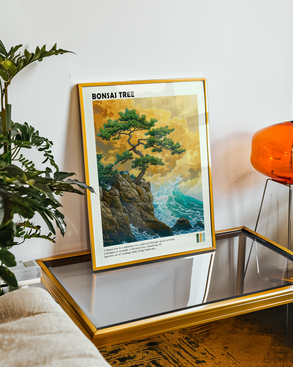 Mockup av Ocean Cliff Bonsai affisch på vägg – köp enkelt hos Bozetto i hög kvalitet