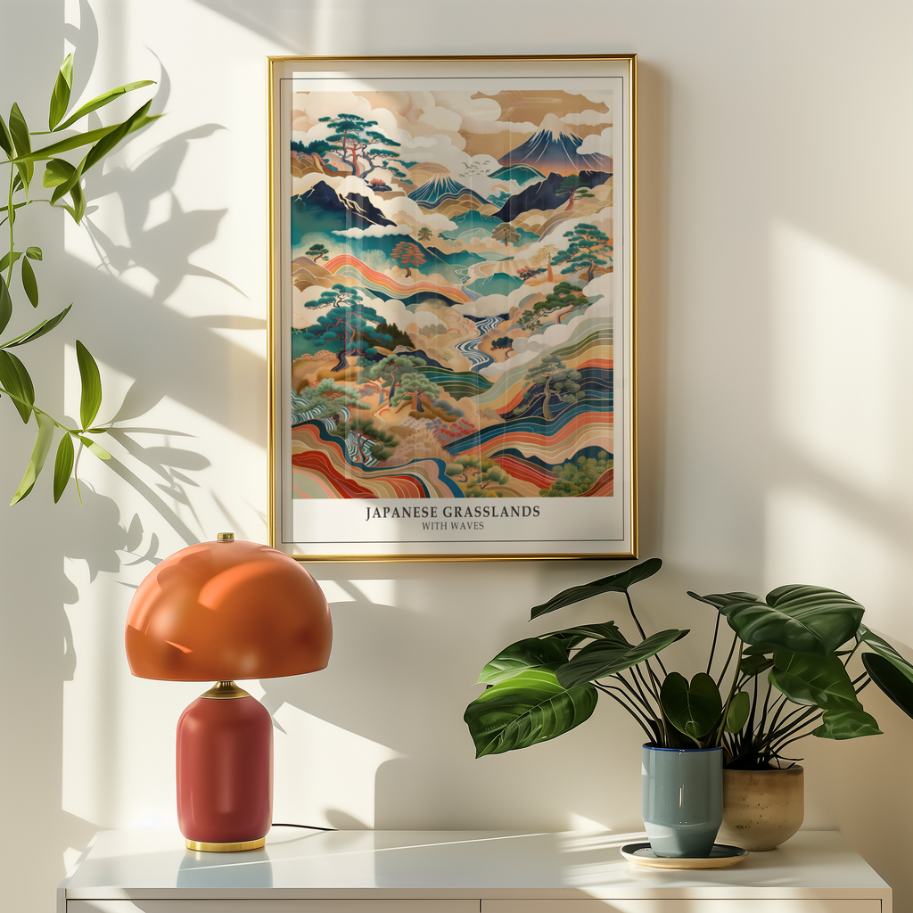 Mockup av View of Japanese Grasslands affisch på vägg – köp enkelt hos Bozetto i hög kvalitet