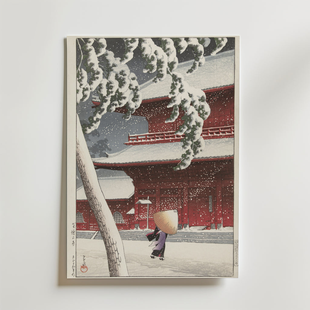 Hasui Kawase Snow at Zojo-ji Temple 1925 Poster – utan passepartout