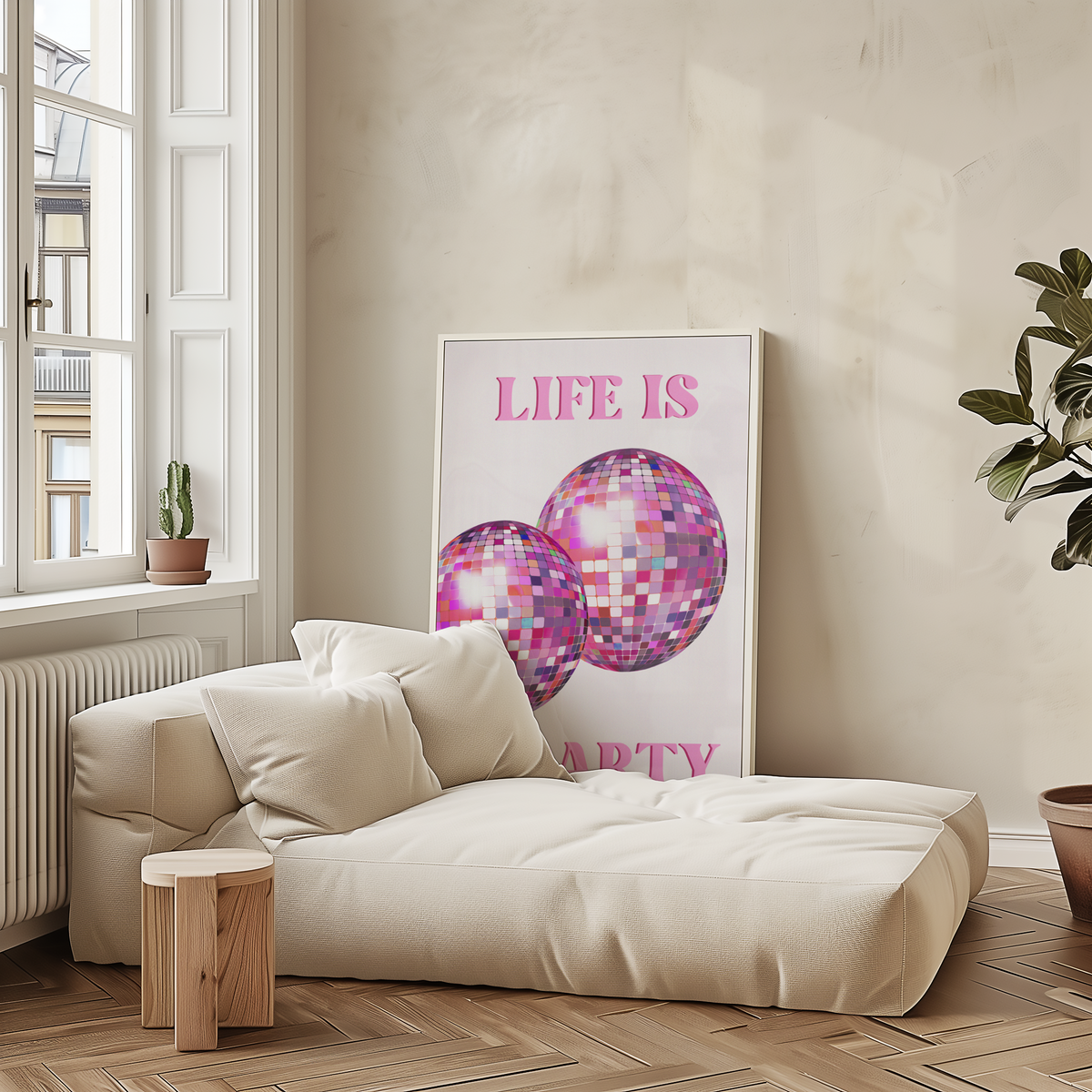 Mockup av Life Is a Party affisch på vägg – köp enkelt hos Bozetto i hög kvalitet