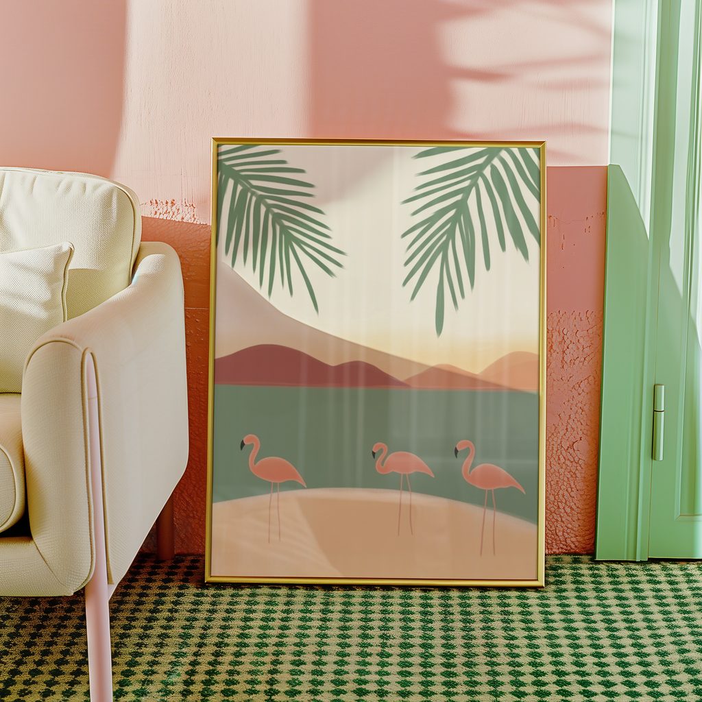 Väggmockup av Flamingo Bay affisch på ljus tegelvägg – Bozetto konsttryck i hög tryckkvalitet