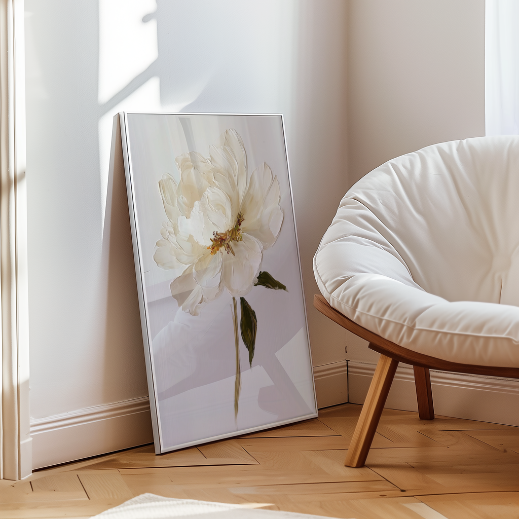 Mockup av Elegant white floral oil affisch på vägg – köp enkelt hos Bozetto i hög kvalitet