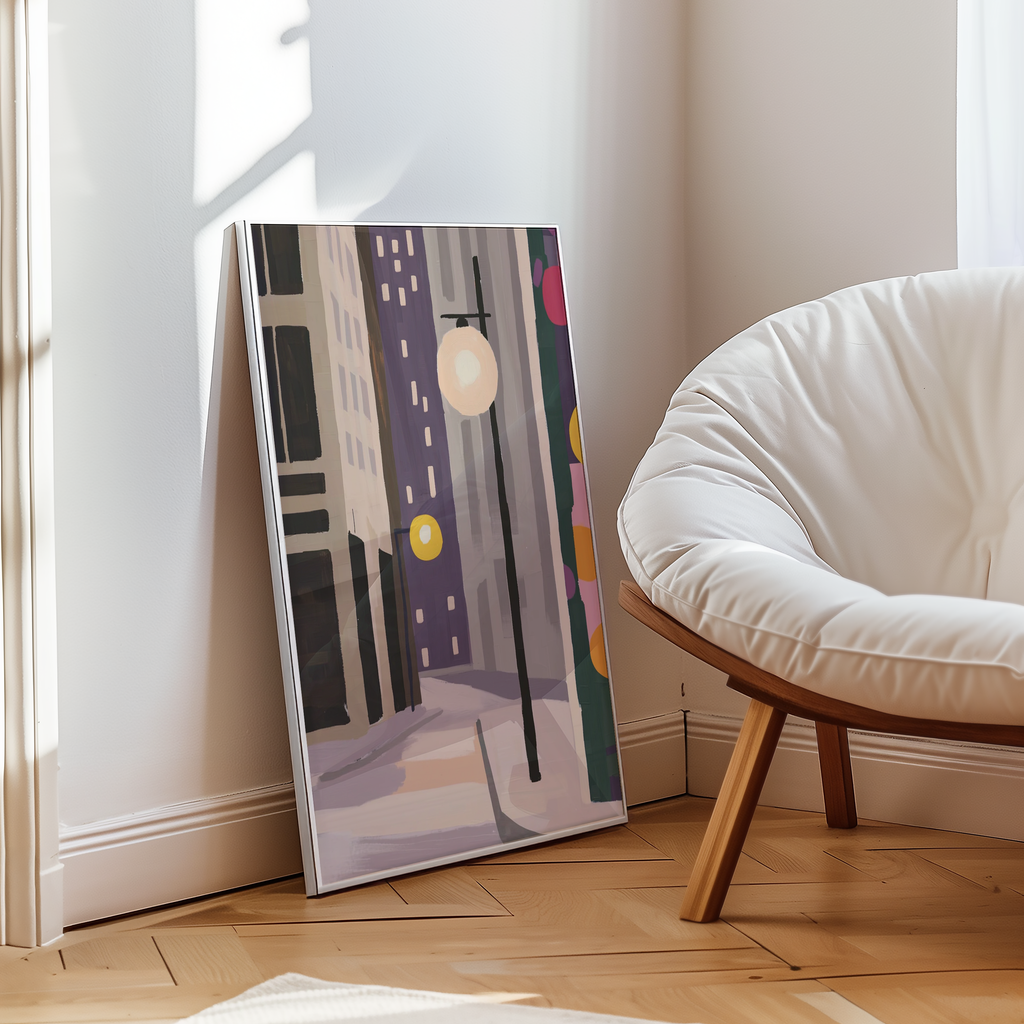 Mockup av City Stillness affisch på vägg – köp enkelt hos Bozetto i hög kvalitet