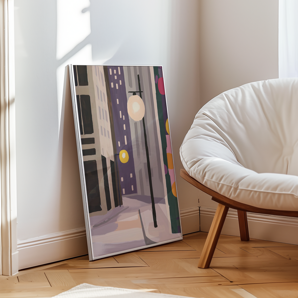 Mockup av City Stillness affisch på vägg – köp enkelt hos Bozetto i hög kvalitet