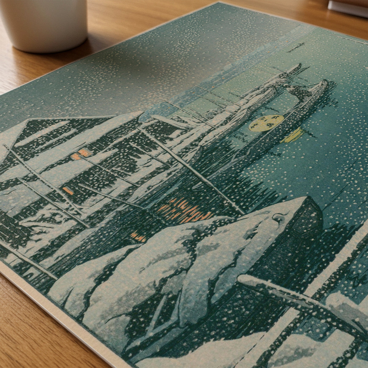 Hasui Kawase Snow at Mukojima 1931 Poster – närbild på papper