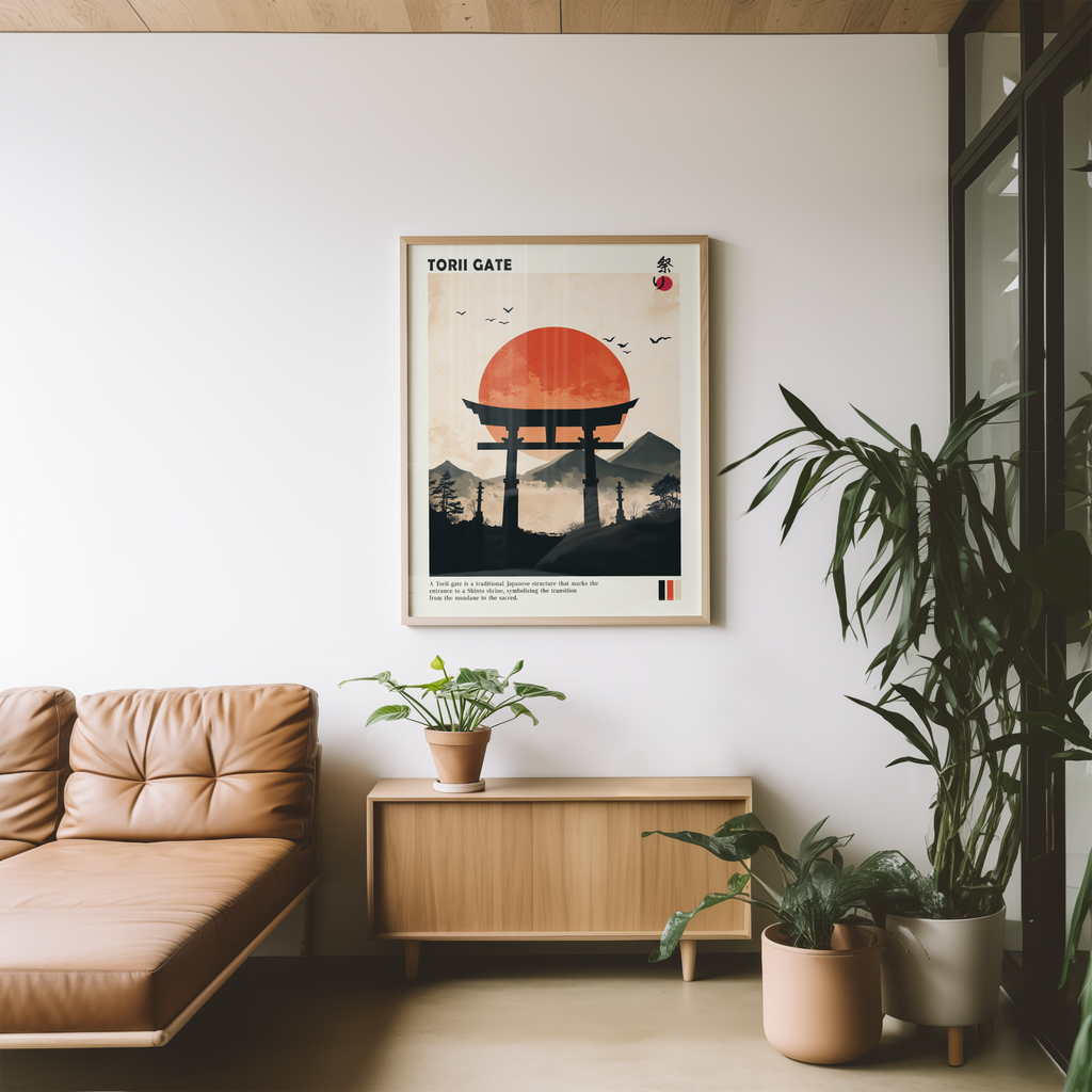 Mockup av Japanese Torii Silhouette affisch på vägg – köp enkelt hos Bozetto i hög kvalitet