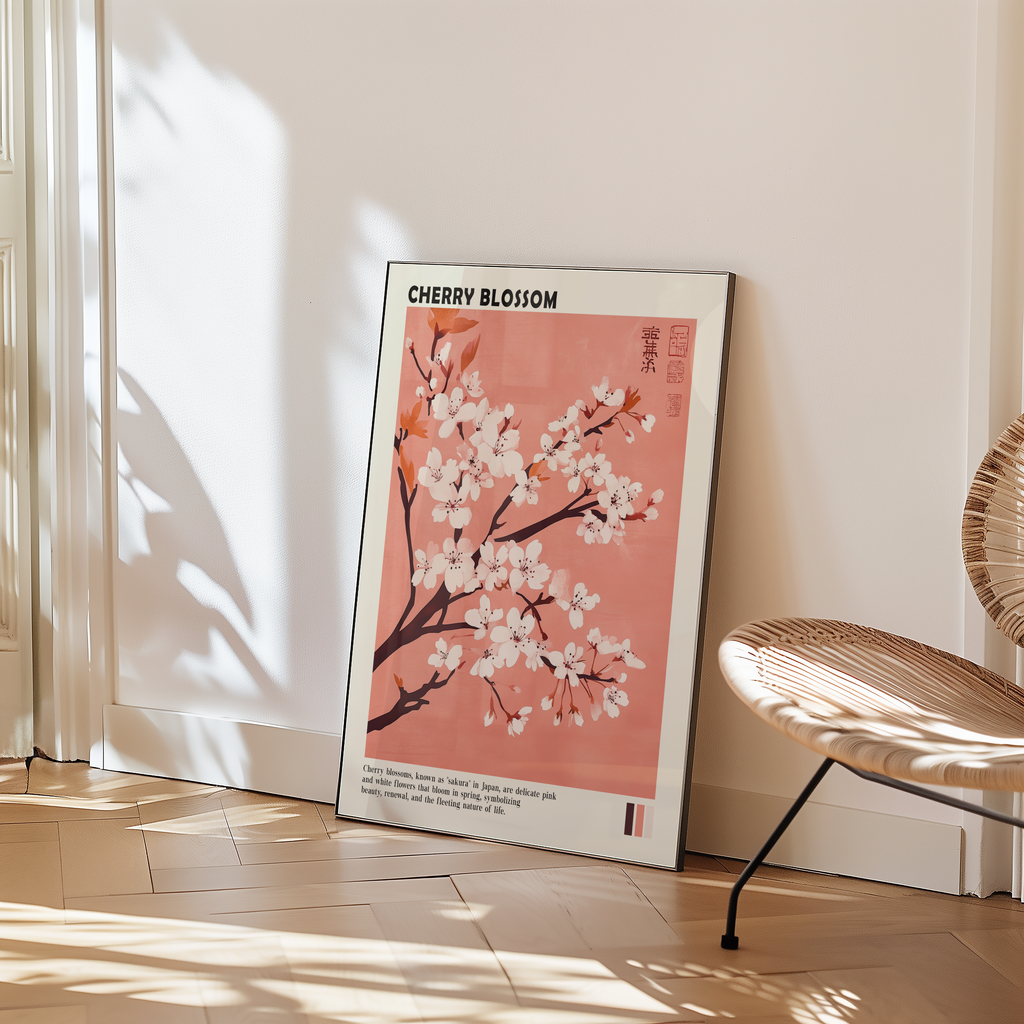 Mockup av Whispers of Sakura affisch på vägg – köp enkelt hos Bozetto i hög kvalitet