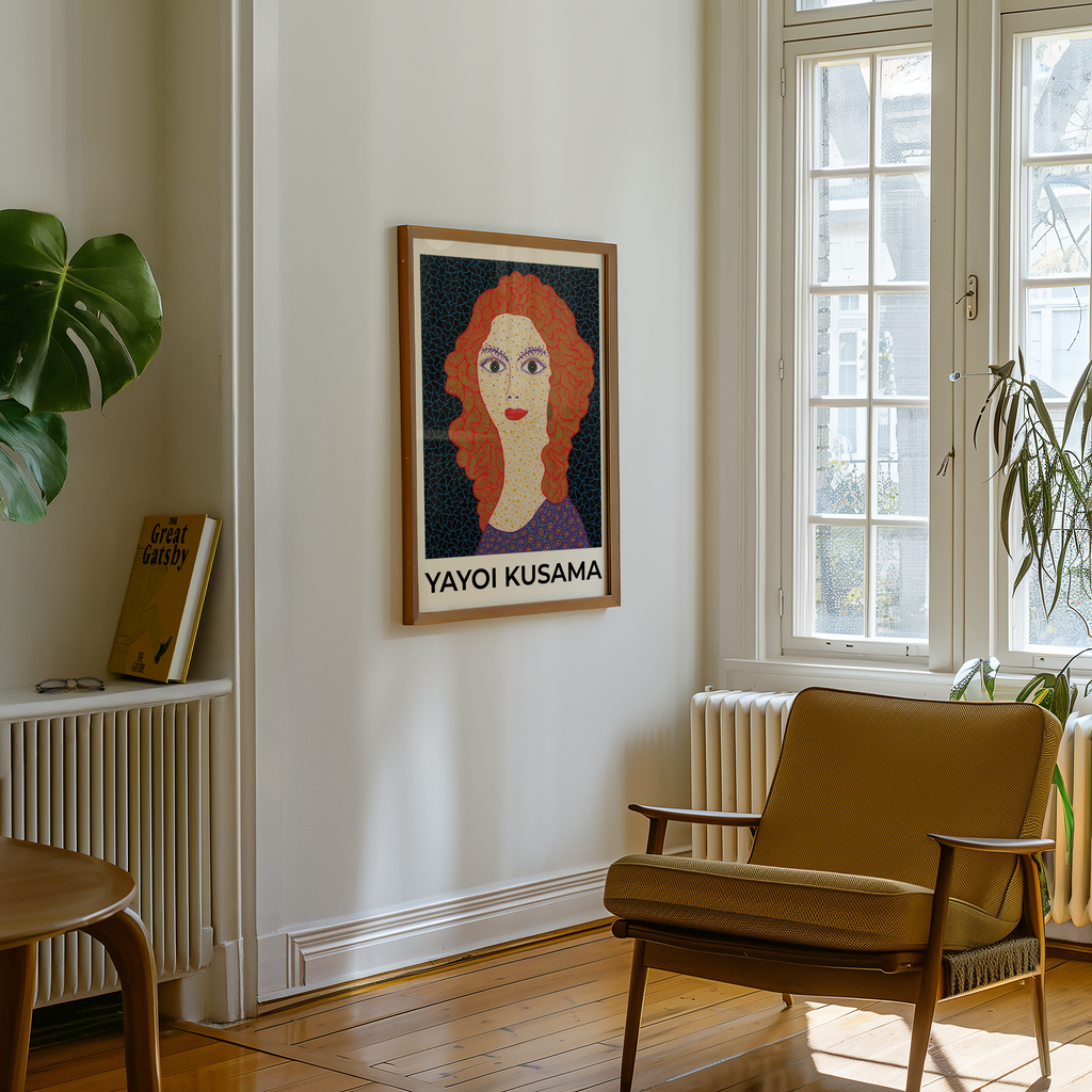 Mockup av Yayoi Kusama Electric Face affisch på vägg – köp enkelt hos Bozetto i hög kvalitet