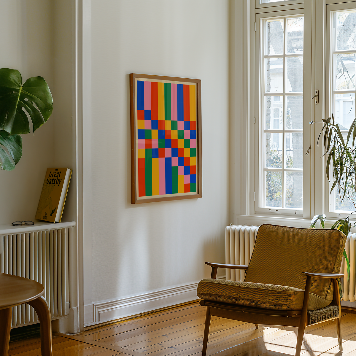 Mockup av Bauhaus Color Grid affisch på vägg – köp enkelt hos Bozetto i hög kvalitet