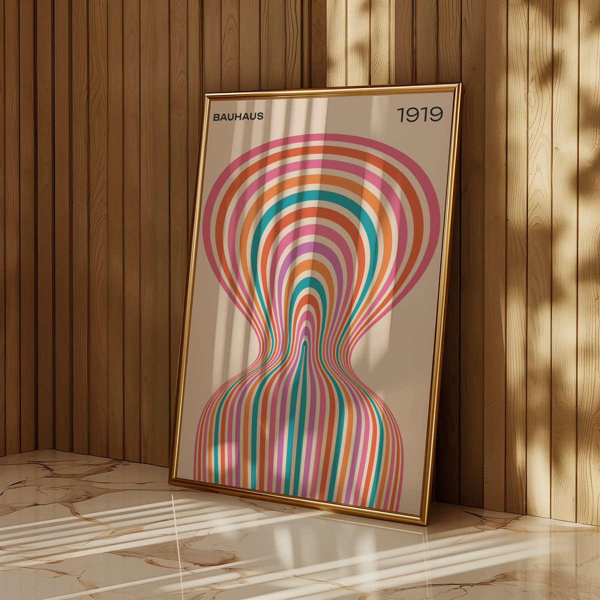 Mockup av Bauhaus Vortex affisch på vägg – köp enkelt hos Bozetto i hög kvalitet