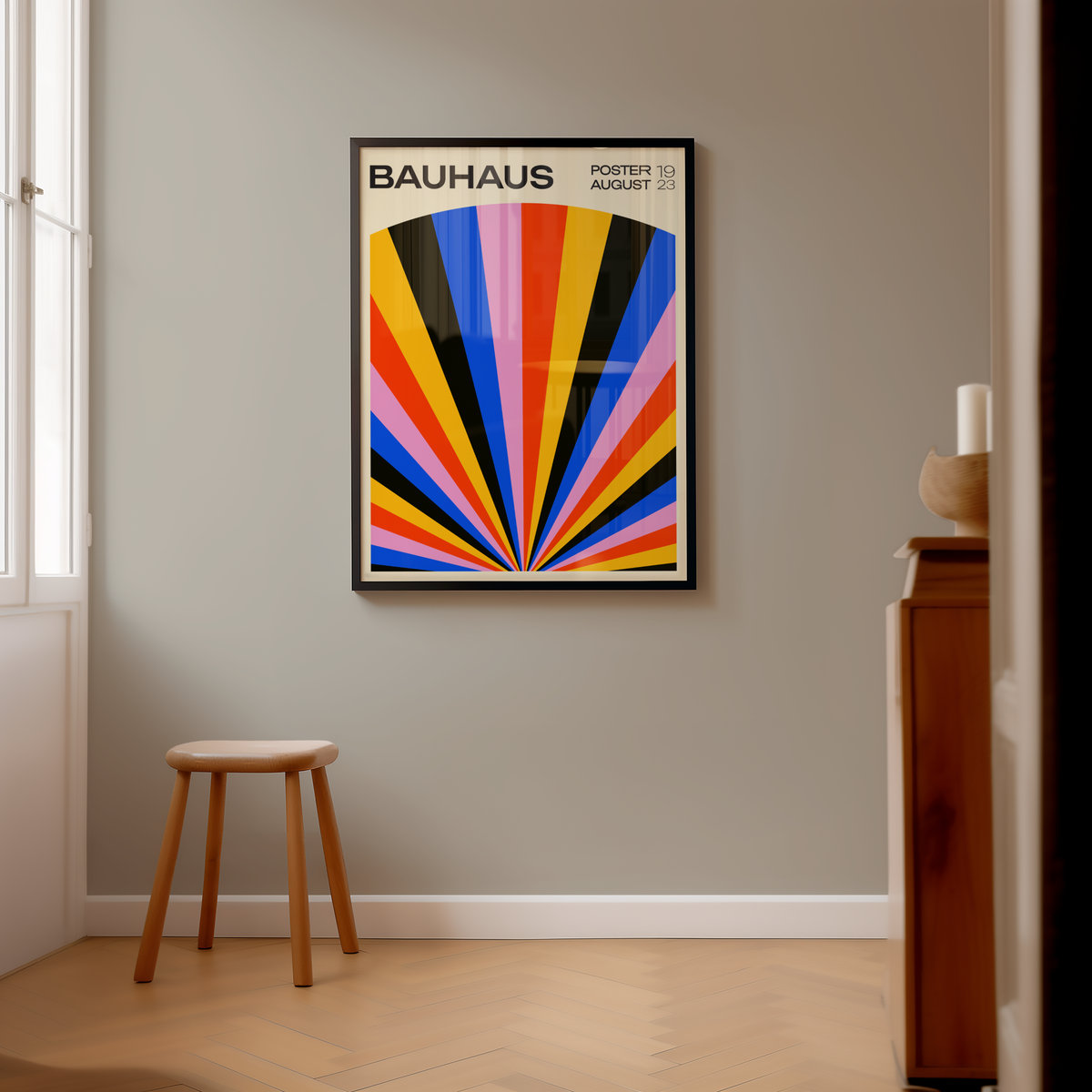 Mockup av Bauhaus Spectrum No. 3 affisch på vägg – köp enkelt hos Bozetto i hög kvalitet