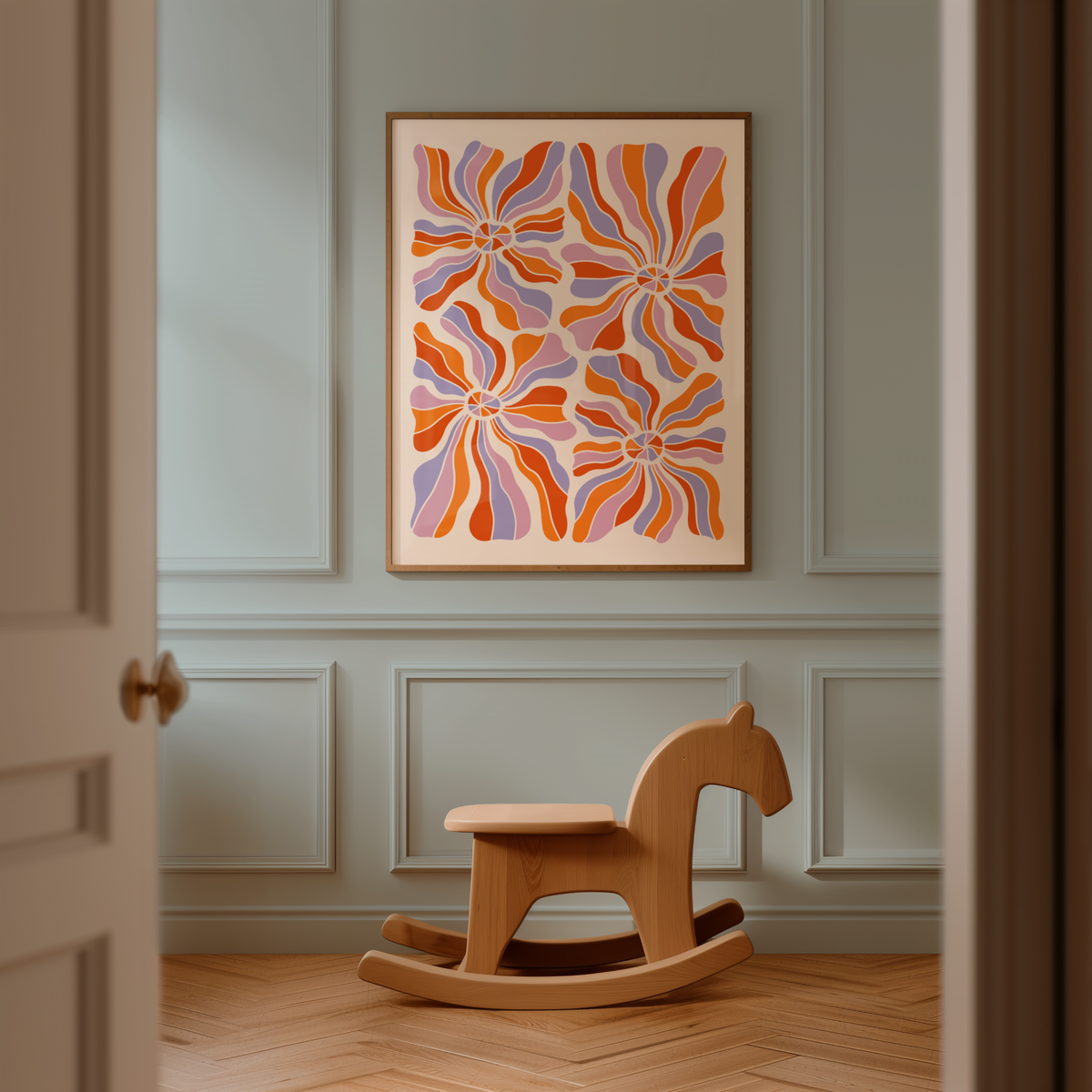 Mockup av Retro Bloom Swirl affisch på vägg – köp enkelt hos Bozetto i hög kvalitet