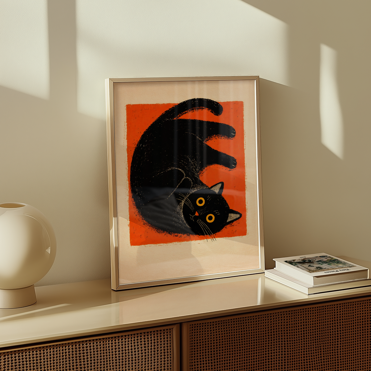 Mockup av Curled Black Cat affisch på vägg – köp enkelt hos Bozetto i hög kvalitet