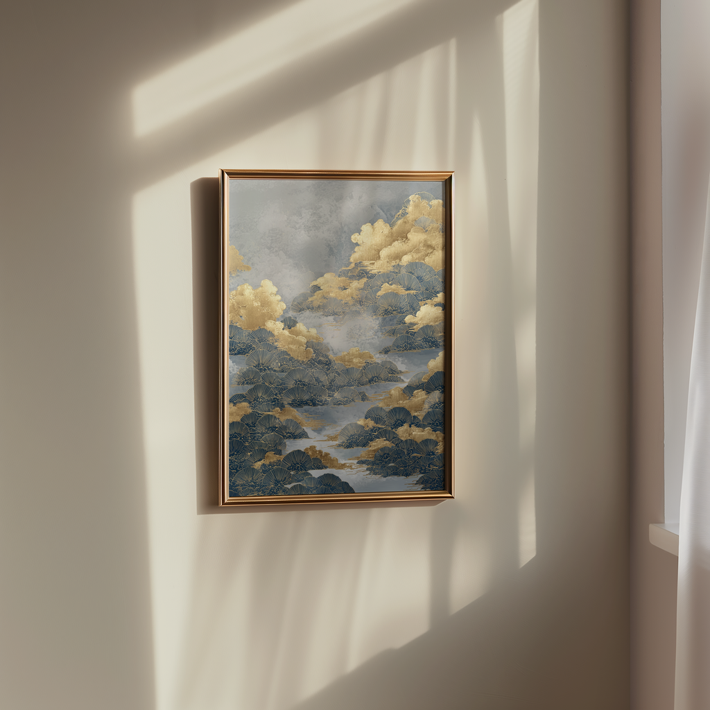 Mockup av Golden Cloud Tides affisch på vägg – köp enkelt hos Bozetto i hög kvalitet