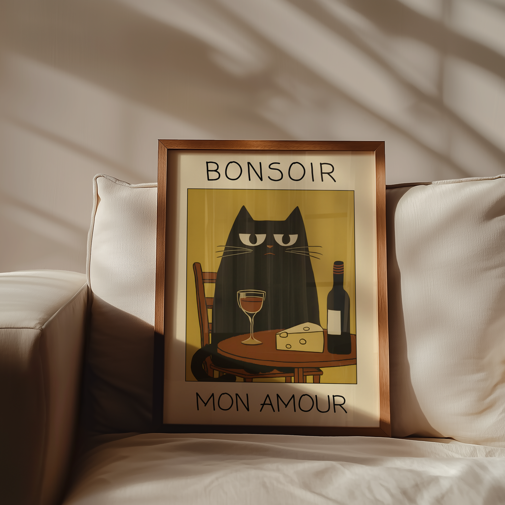 Evening Cat Rendezvous poster visualiserad på vägg – från Bozetto i hög kvalitet