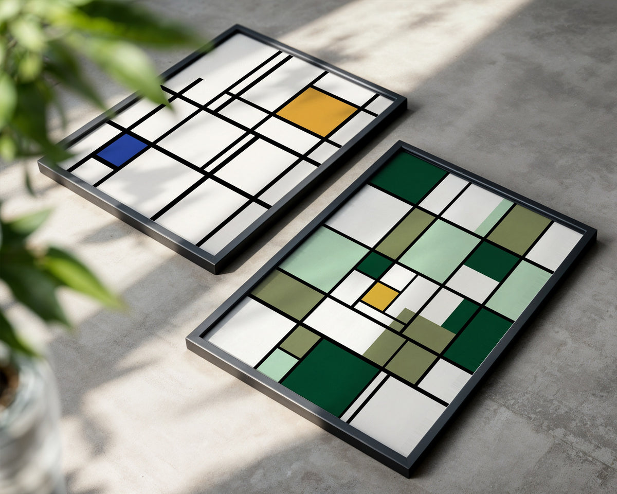 Piet Mondrian Composition in Green Poster – två posters i rum 1