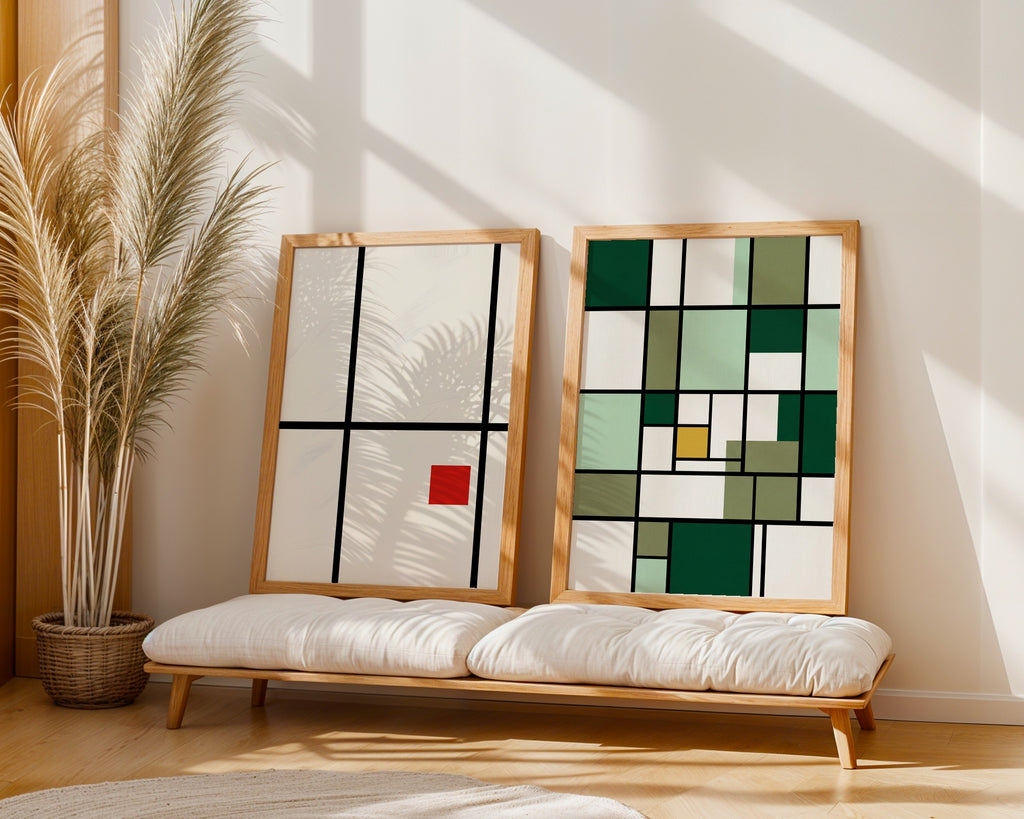 Piet Mondrian Composition in Green Poster – två posters i rum 2