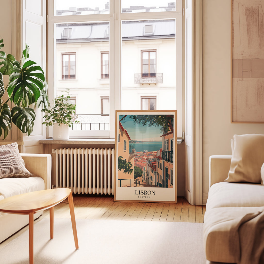 Mockup av Golden Streets Of Lisbon affisch på vägg – köp enkelt hos Bozetto i hög kvalitet