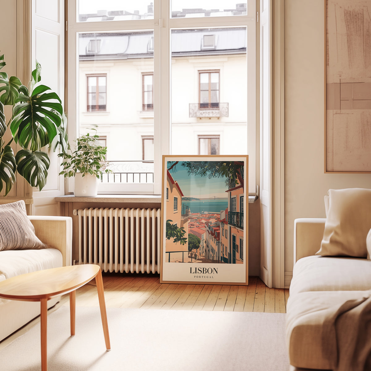Mockup av Golden Streets Of Lisbon affisch på vägg – köp enkelt hos Bozetto i hög kvalitet