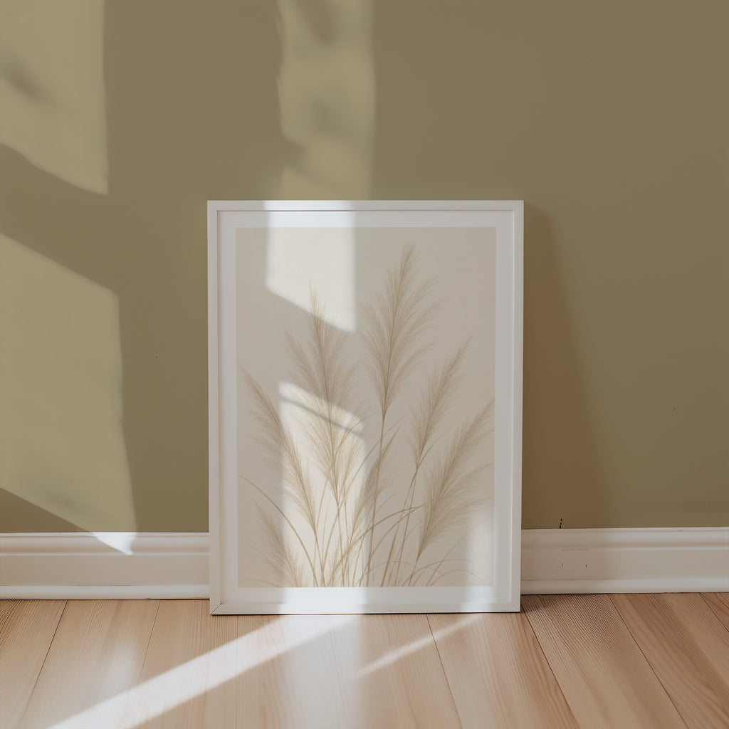 Soft Pampas Sway affisch i minimalistiskt sovrum – köp enkelt hos Bozetto i hög kvalitet