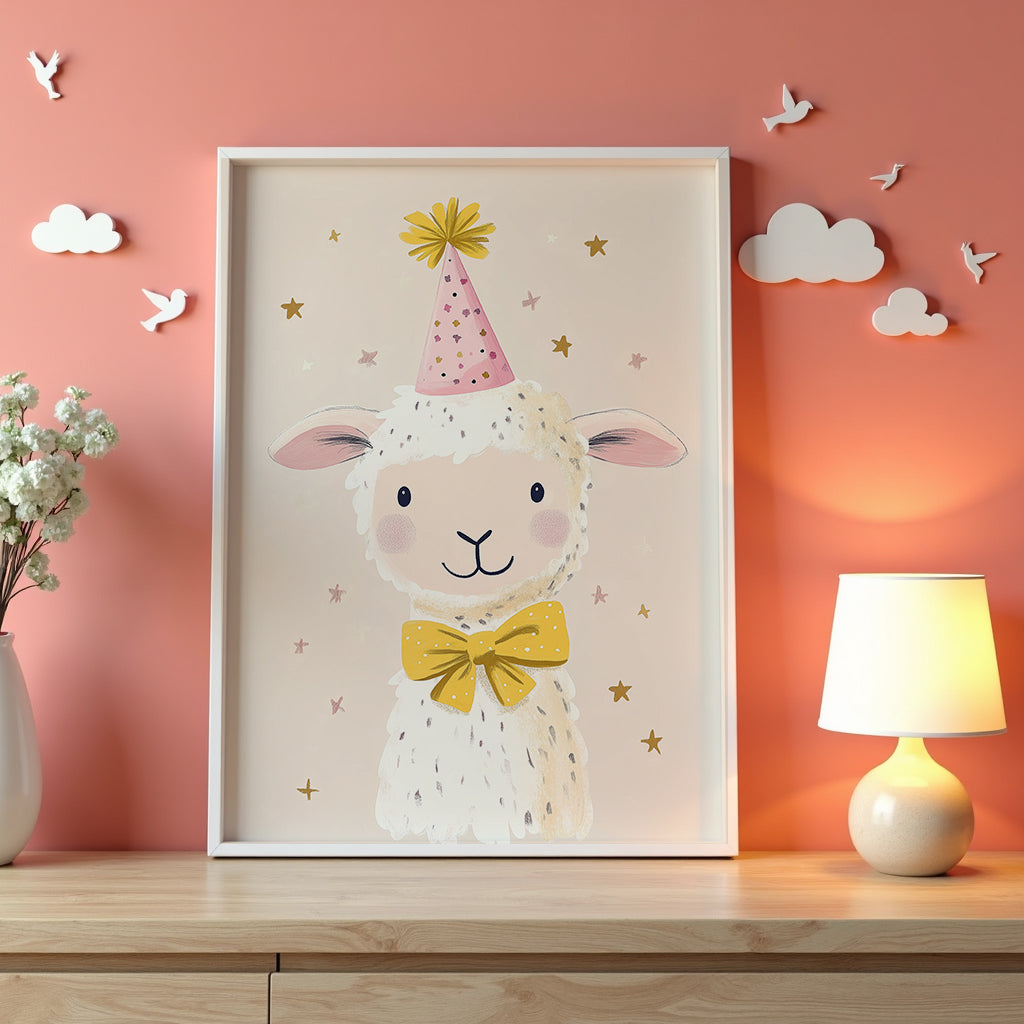 Party Sheep poster visualiserad på vägg – se rätt storlek med mockup från Bozetto