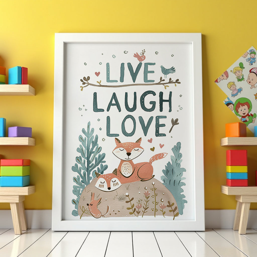 Mockup av Live Laugh Love affisch på vägg – köp enkelt hos Bozetto i hög kvalitet