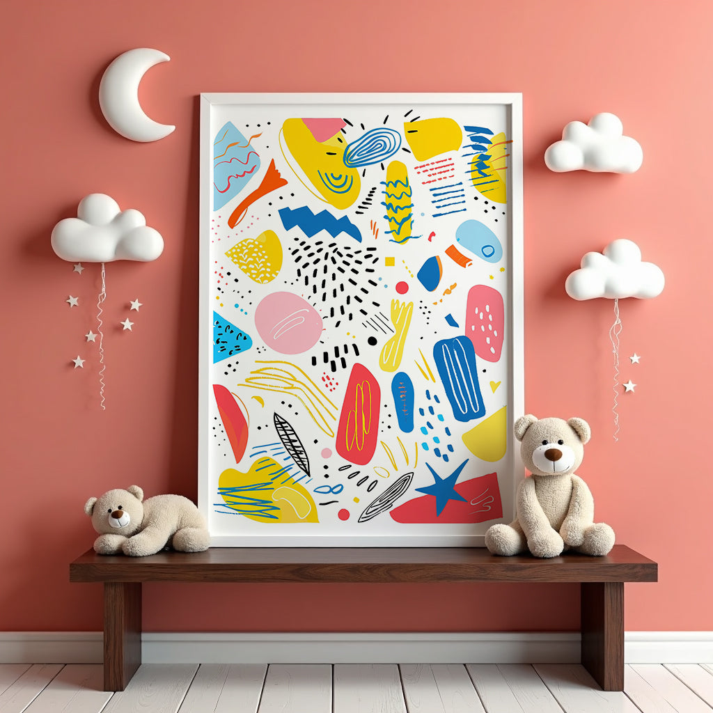 Mockup av Playful Shapes affisch på vägg – köp enkelt hos Bozetto i hög kvalitet