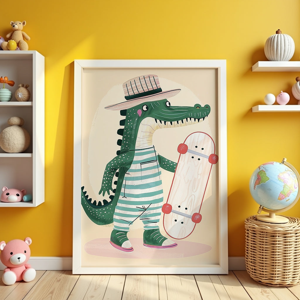 Mockup av Cool Crocodile Skater affisch på vägg – köp enkelt hos Bozetto i hög kvalitet