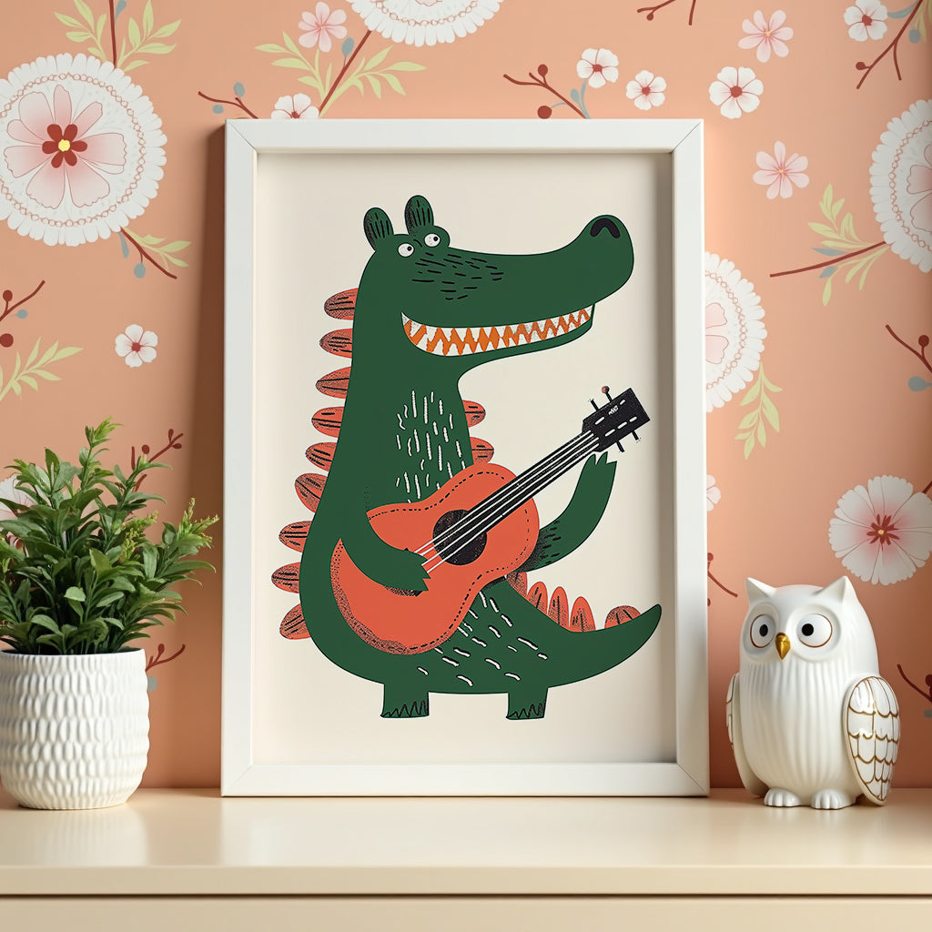 Mockup av Dino Guitarist affisch på vägg – köp enkelt hos Bozetto i hög kvalitet