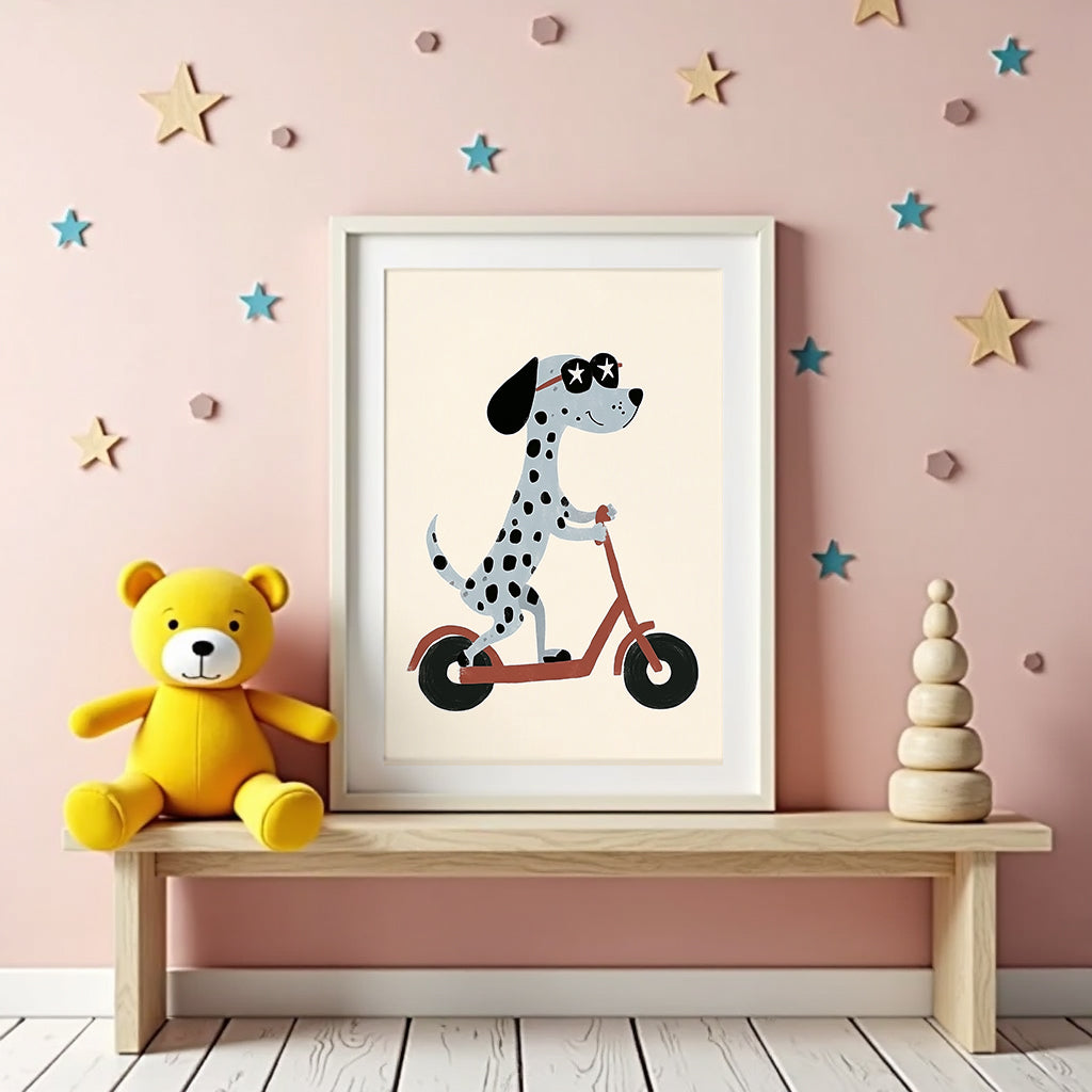 Mockup av Cool Scooter Pup affisch på vägg – köp enkelt hos Bozetto i hög kvalitet