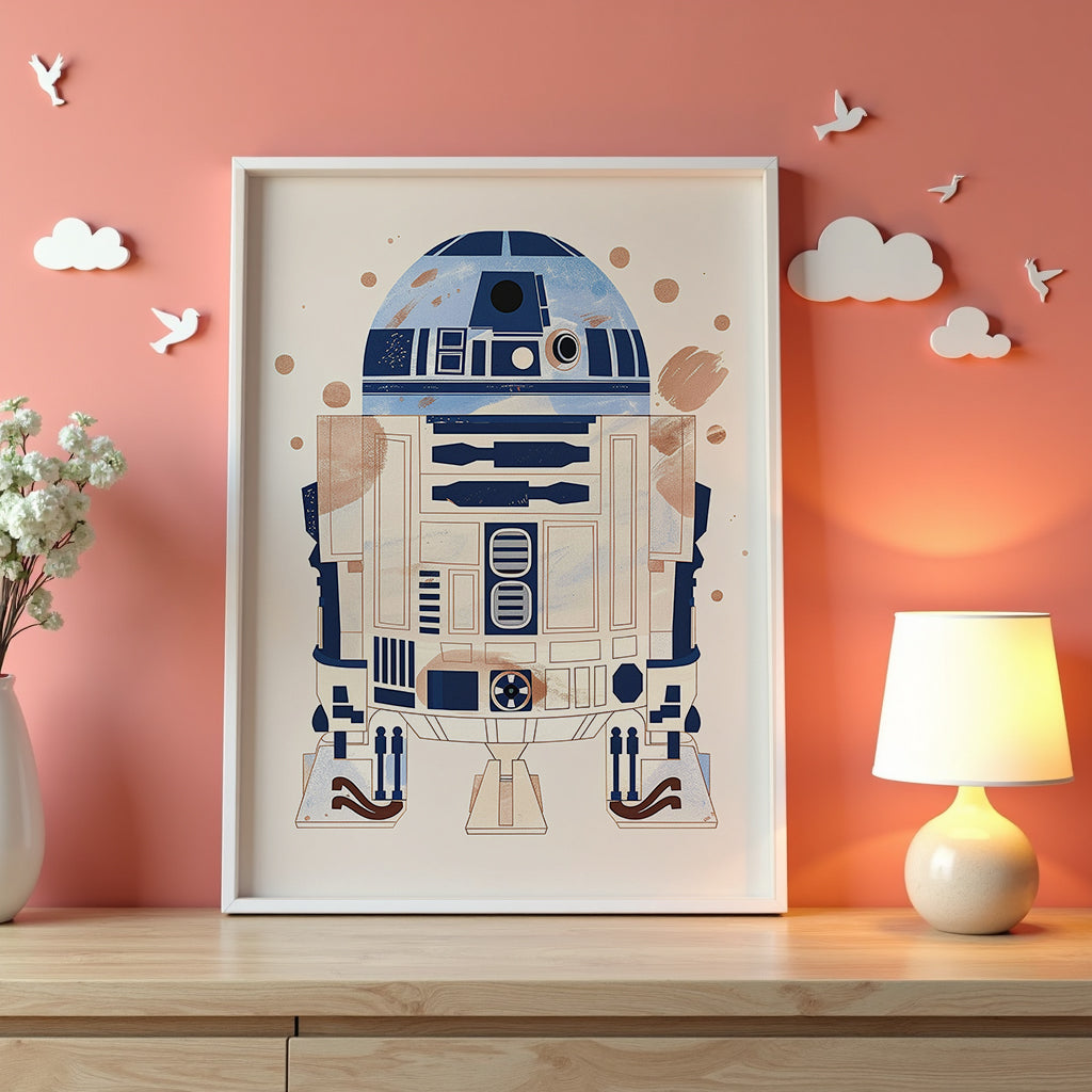 Väggmockup av Astro Droid affisch på ljus tegelvägg – Bozetto konsttryck i hög tryckkvalitet