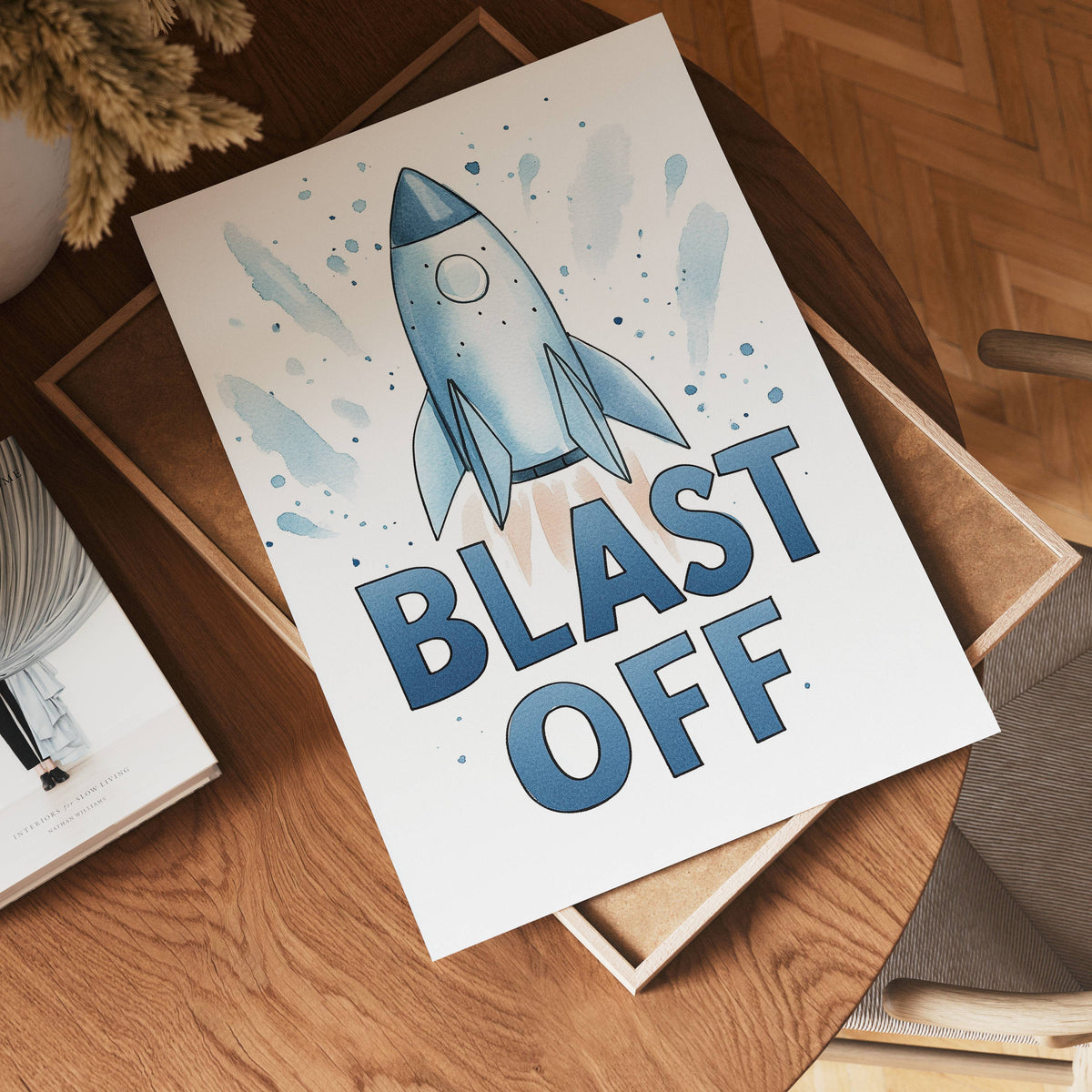Blast Off konsttryck på vit bakgrund – elegant Bozetto affisch för hemmet i hög tryckkvalitet