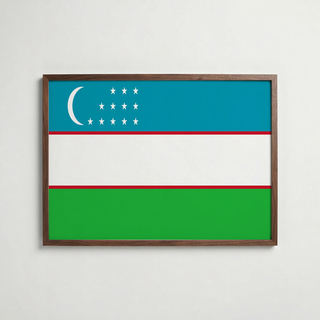 Uzbekistan National Flag Poster i valnötsram – varm konstaffisch för hemmet från Bozetto