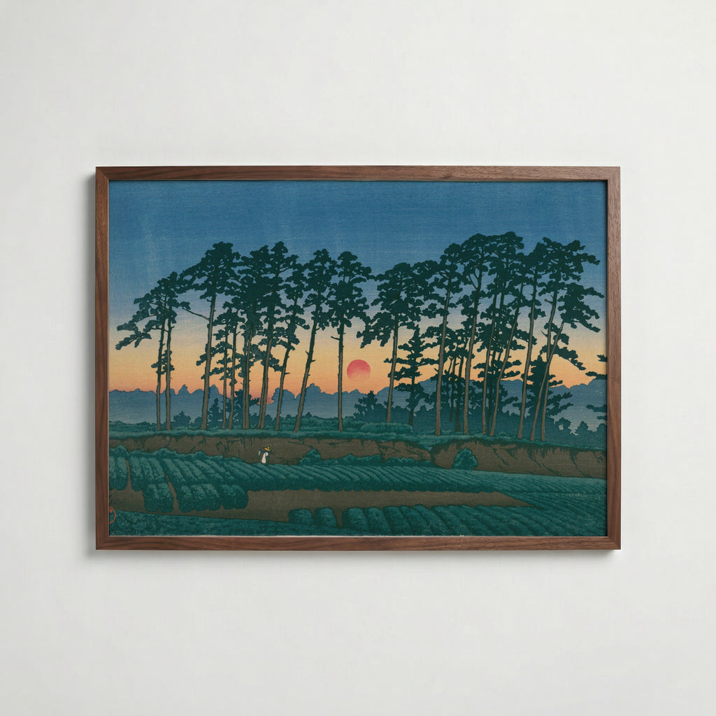 Hasui Kawase Setting Sun at Ichinokura Ikegami 1928 Poster – valnötsram