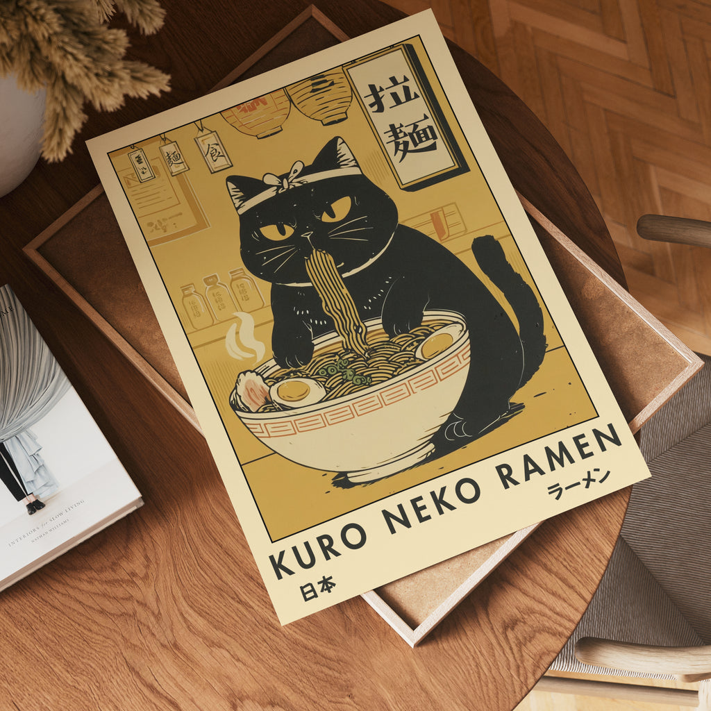 Kuro Neko Ramen Cat poster visad rakt fram – Bozetto affisch i hög tryckkvalitet