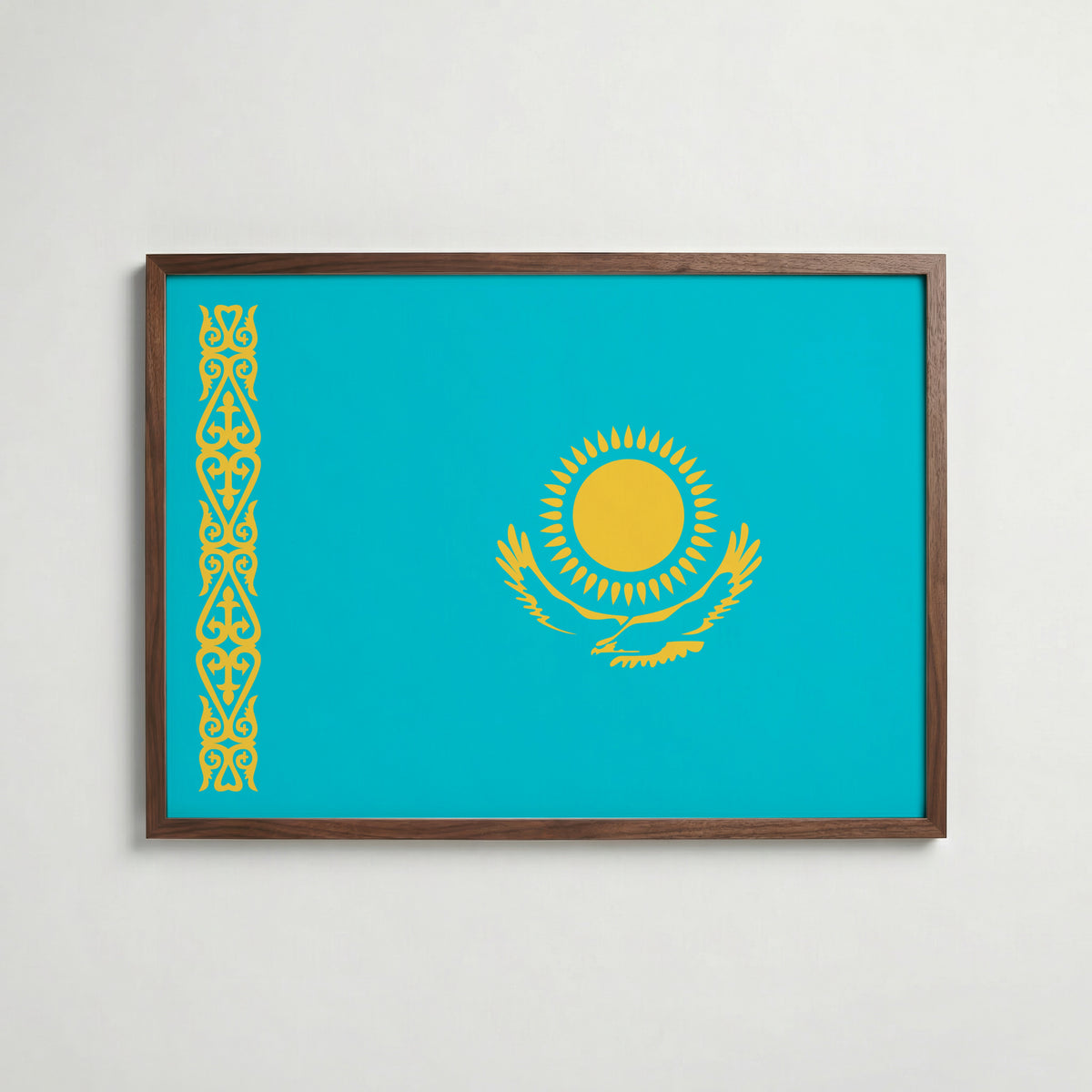 Kazakhstan National Flag Poster i valnötsram – varm konstaffisch för hemmet från Bozetto