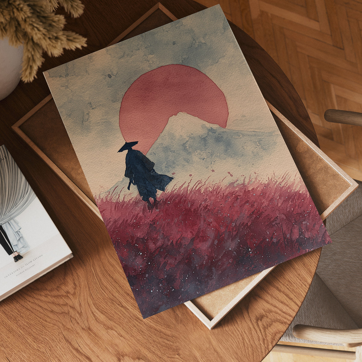 Red Sun Journey konsttryck på vit bakgrund – elegant Bozetto affisch för hemmet i hög tryckkvalitet
