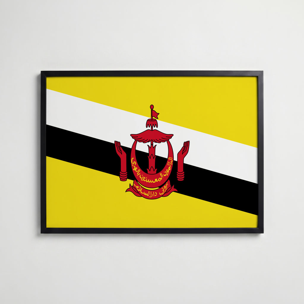 Brunei National Flag Poster i svart ram – stilren konsttryck som väggdekor från Bozetto