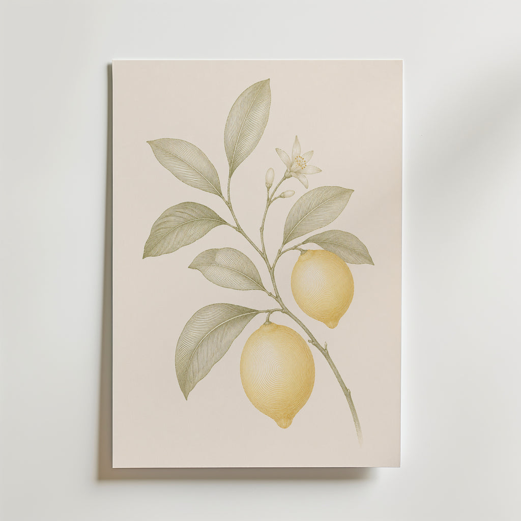 Sunlit Citrus affisch inramad i neutral ram – se hur konsttrycket ser ut, Bozetto