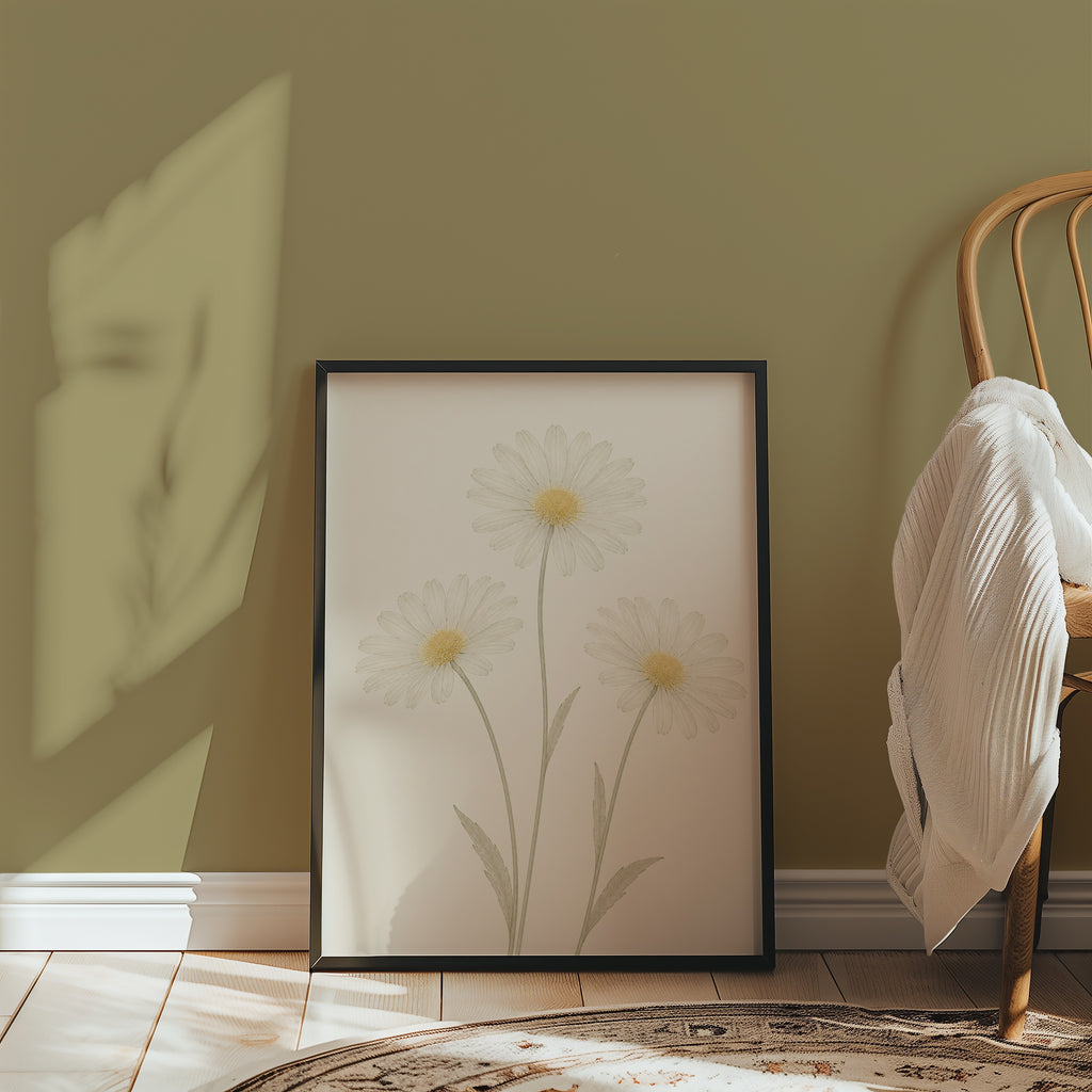 Tender Daisy affisch i minimalistiskt sovrum – köp enkelt hos Bozetto i hög kvalitet