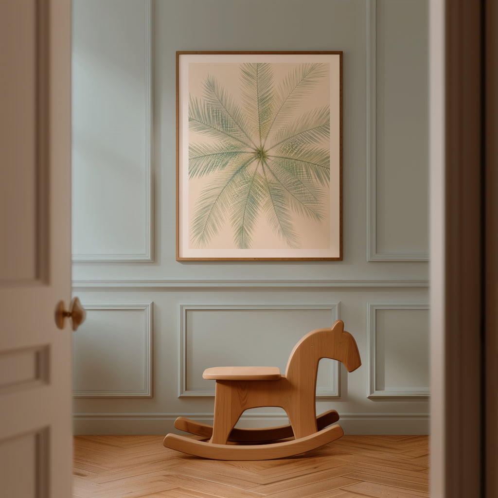 Mirrored Palm affisch i ljust minimalistiskt vardagsrum – köp enkelt hos Bozetto