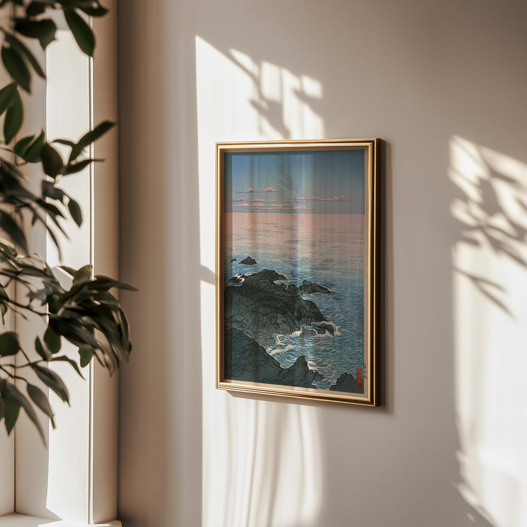 Väggmockup av Ocean Horizon affisch på ljus tegelvägg – Bozetto konsttryck i hög tryckkvalitet