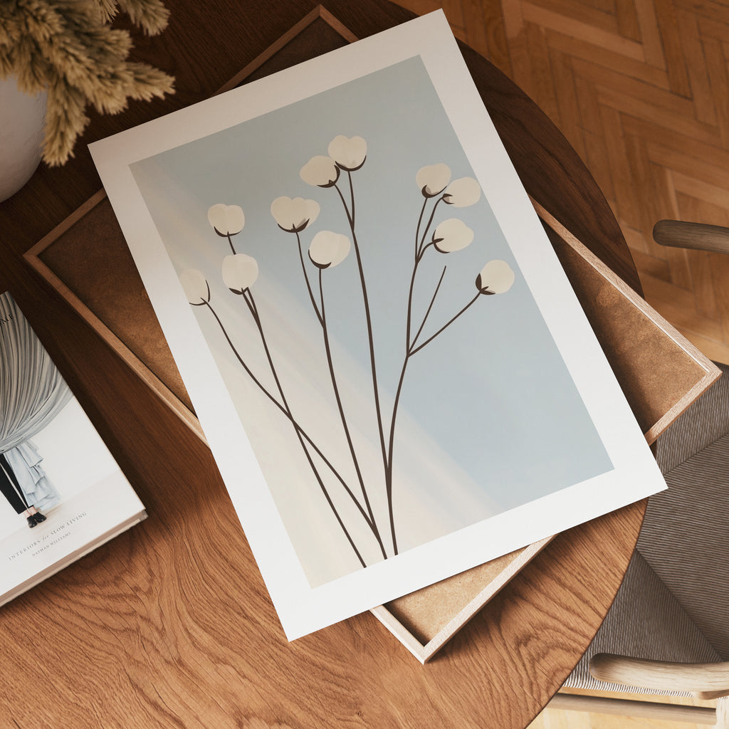 Minimalist cotton flower poster visad rakt fram – Bozetto affisch i hög tryckkvalitet
